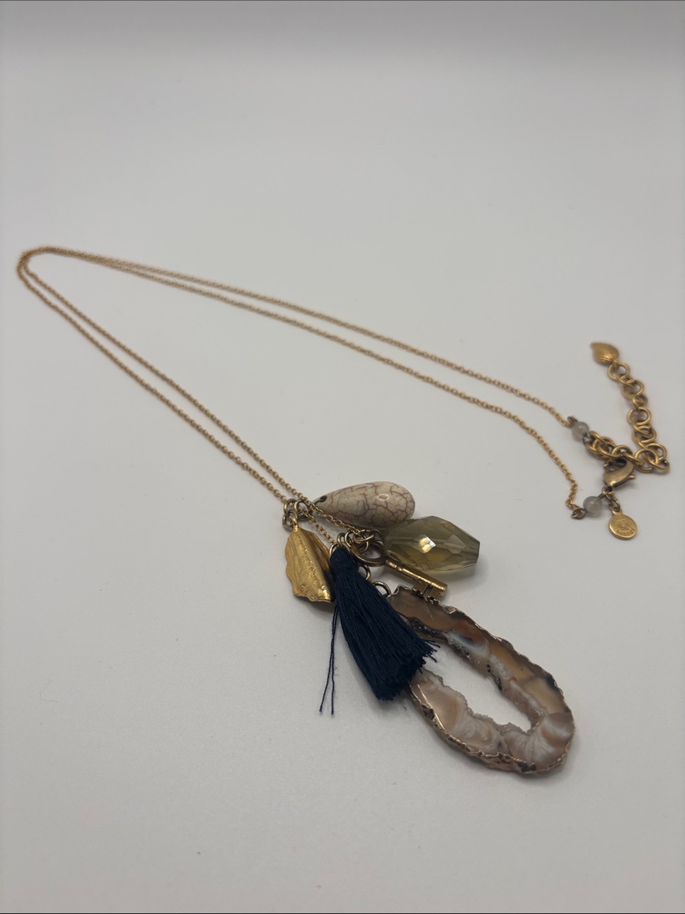 David Aubrey Agate Slice Key Charm Navy Tassel Pendant Necklace